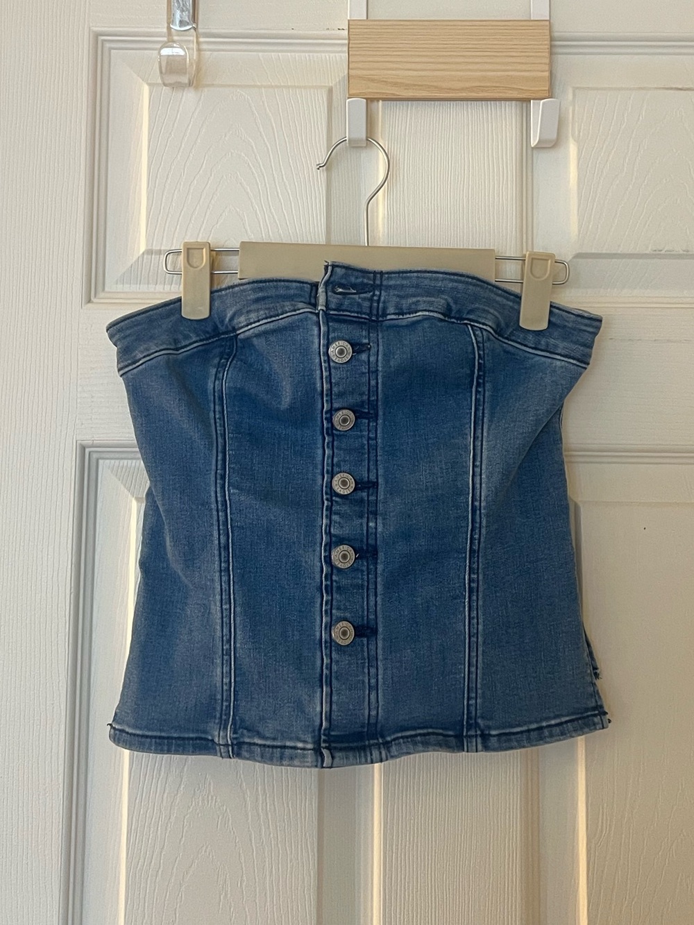 American Eagle Outfitters Strapless Denim Button-Front Top — Blue